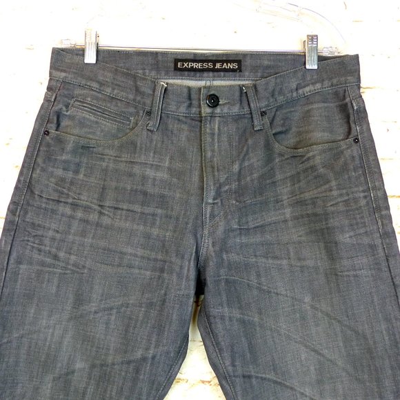 Express Jeans Mens 32X30 Gray Blake Loose Fit Boot Cut Whiskers Cotton Blend - Picture 2 of 15